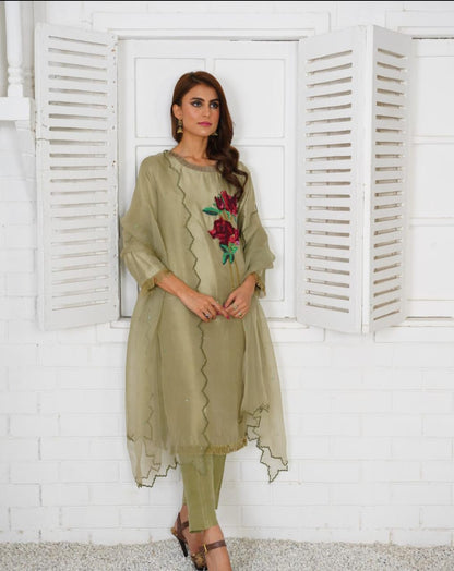 Zinc Green Raw Silk Dress with 3D Roses Embroidery
