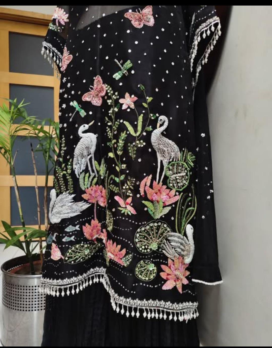 Enchanted Wings Black Dress with Swans, Lotuses & Butterflies