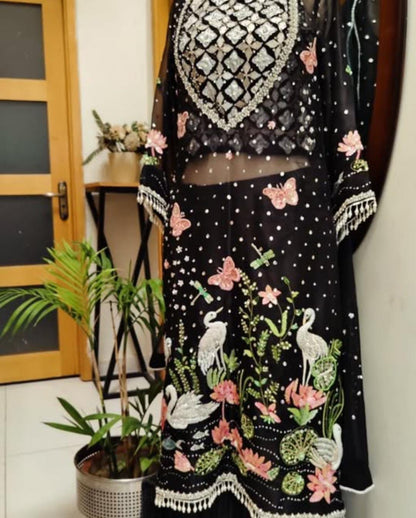 Enchanted Wings Black Dress with Swans, Lotuses & Butterflies