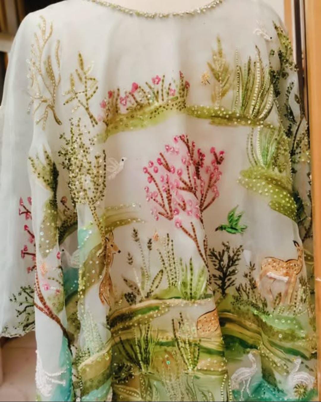 Organza Elegance Cape with Silk Paintings & Intricate Embellishments