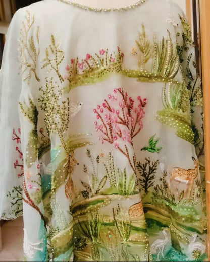 Organza Elegance Cape with Silk Paintings & Intricate Embellishments