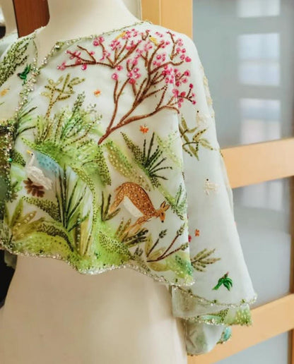 Organza Elegance Cape with Silk Paintings & Intricate Embellishments