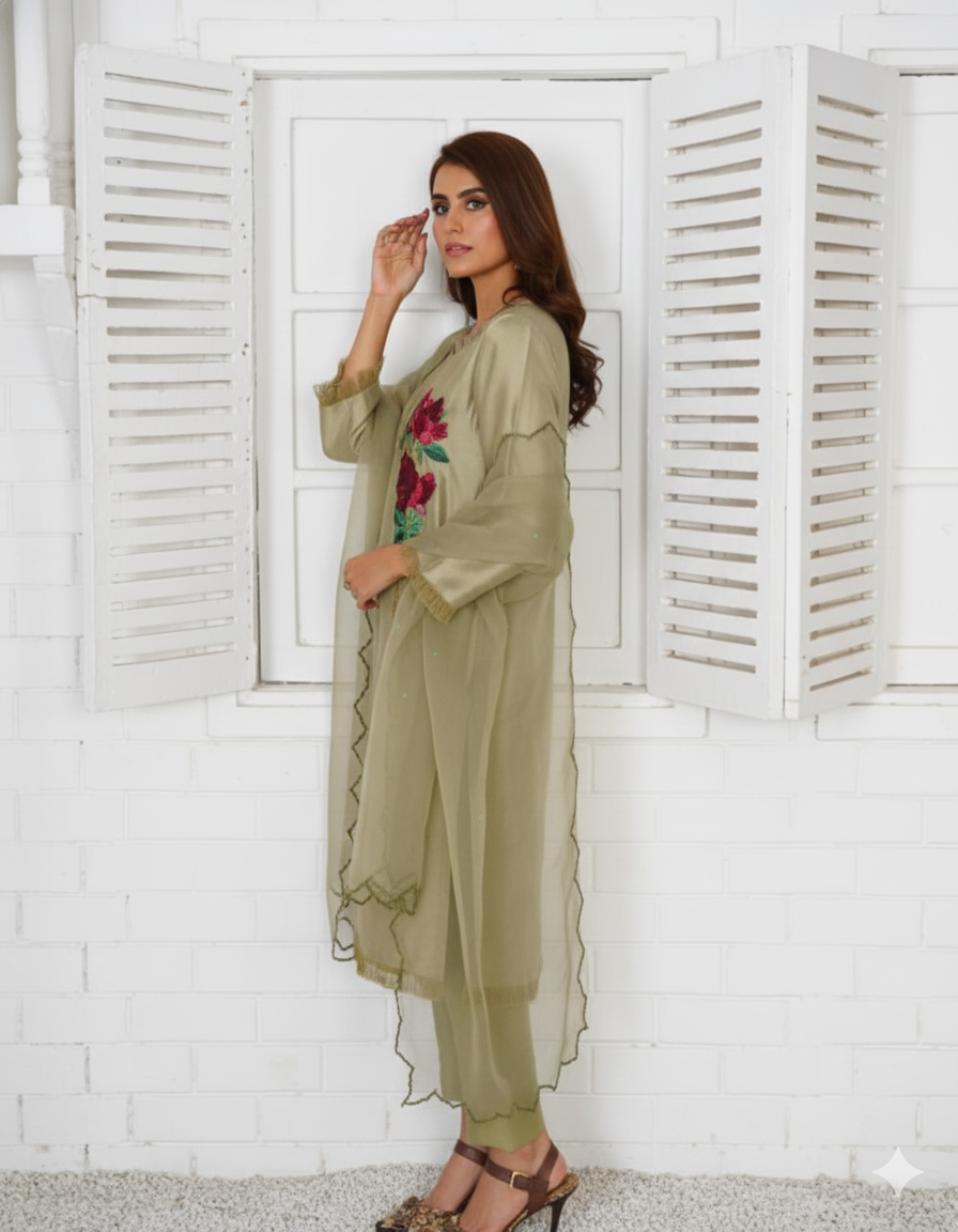 Zinc Green Raw Silk Dress with 3D Roses Embroidery