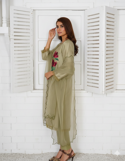 Zinc Green Raw Silk Dress with 3D Roses Embroidery