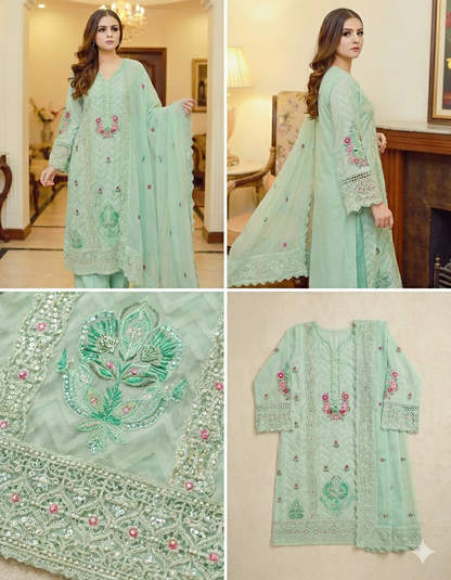 Mint Green Etmbroidered Cotton Net Shir