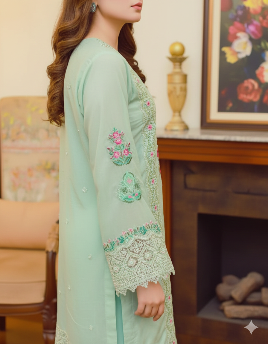 Mint Green Etmbroidered Cotton Net Shir