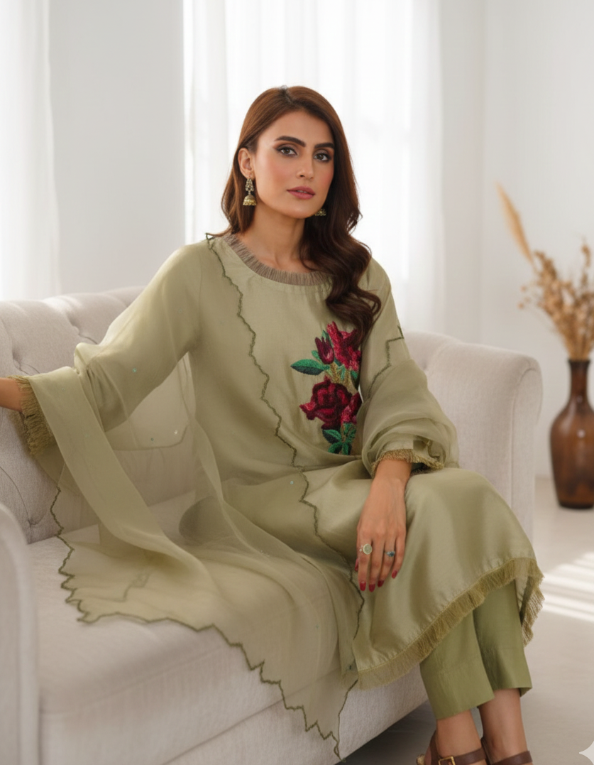 Zinc Green Raw Silk Dress with 3D Roses Embroidery