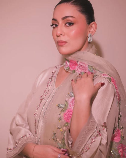 Lilac Handcrafted Cotton Net Suit with Organza Dupatta