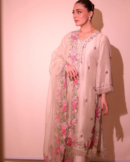 Lilac Handcrafted Cotton Net Suit with Organza Dupatta