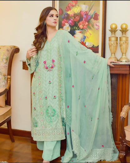 Mint Green Etmbroidered Cotton Net Shir