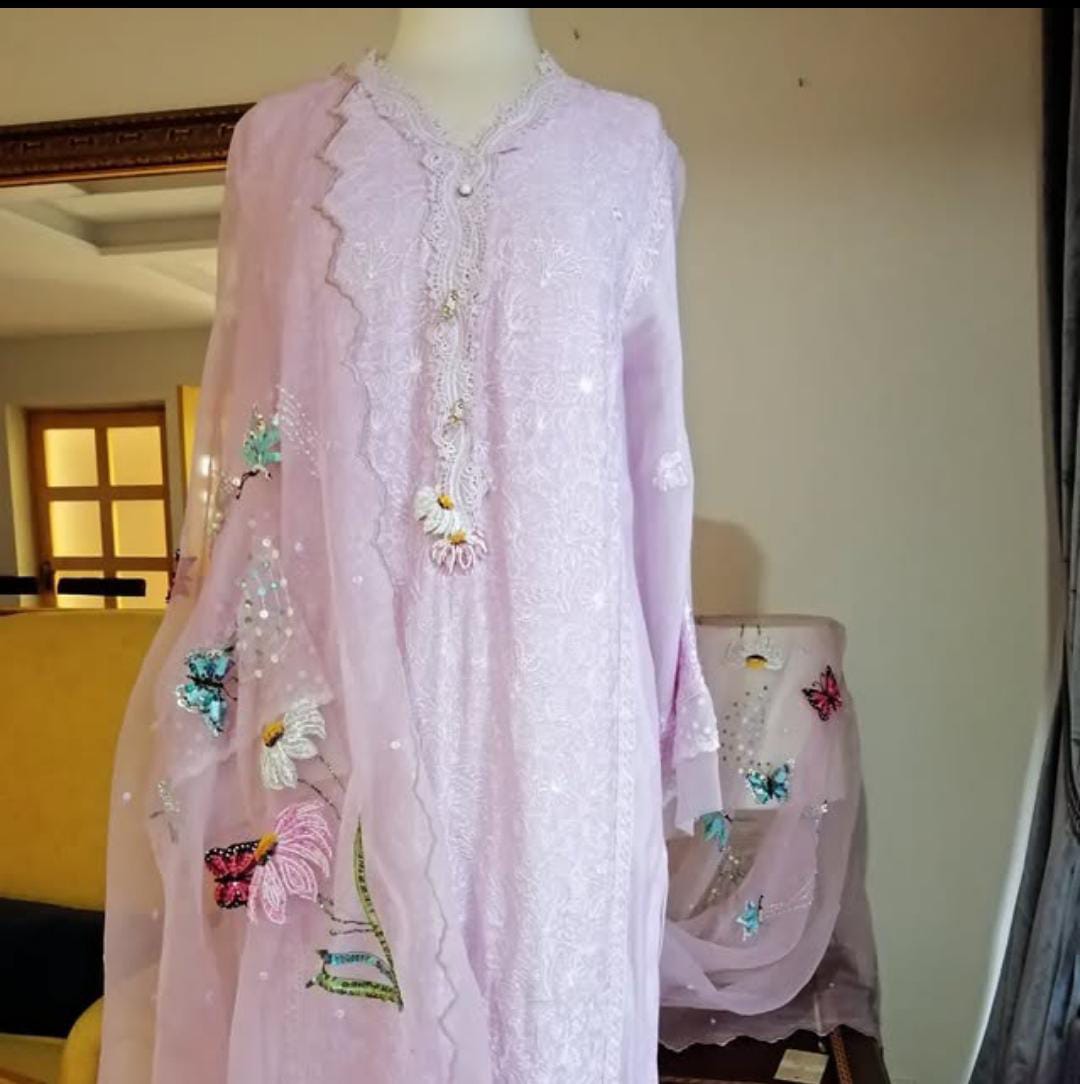 Lilac Handcrafted Cotton Net Suit with Organza Dupatta”