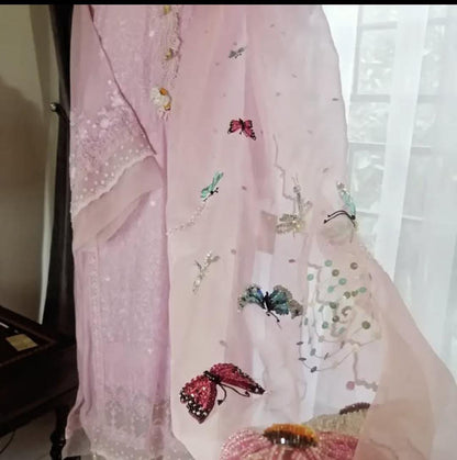 Lilac Handcrafted Cotton Net Suit with Organza Dupatta”